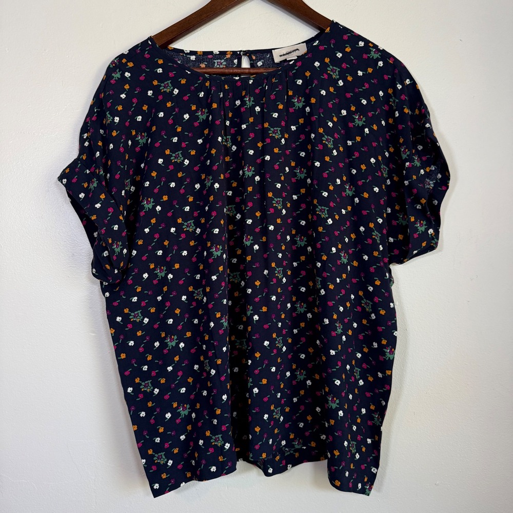 Loft Outlet Ditsy Floral Cuffed Short Sleeve Blouse Size Small Navy Blue Multi